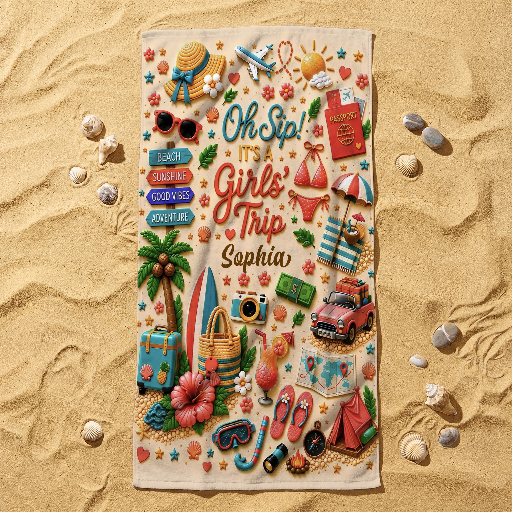 Personalisiertes „Oh Sip It’s a Girl’s Trip“-Strandtuch mit Namen – schnell trocknend, unverzichtbar für Strandpartys im Freien, perfektes Geburtstagsgeschenk für sie