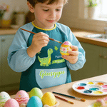 Personalised Cute Dinosaur Paint Waterproof Long Sleeve Apron with Name Text and Pocket Outdoor Activity Birthday Gift for Kids Students