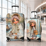 Personalized Cartoon Girl Luggage Cover with Name Fits 18-32 Inches Suitcase Travel Use Vacation Birthday Gift for Woman Travel Lover