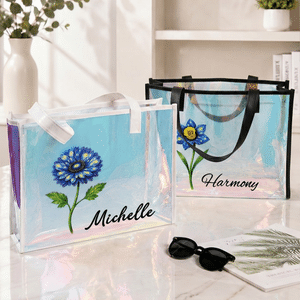 Personalised Starry Sky Birth Flower Clear Hologram Waterproof Tote Bag with Name Summer Holiday Daily Use Birthday Gift for Friends Girls