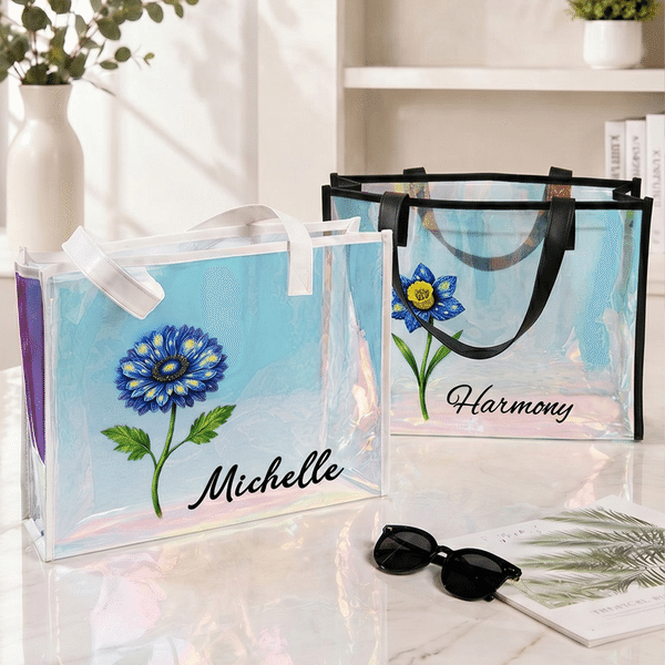 Personalized Starry Sky Birth Flower Clear Hologram Waterproof Tote Bag with Name Summer Vacation Daily Use Birthday Gift for Friends Girls