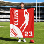 Personalised Australian Rules American Football Theme Silhouette Soft Throw Blanket with Name and Number Home Decor Birthday Gift for AFL Enthusiast
