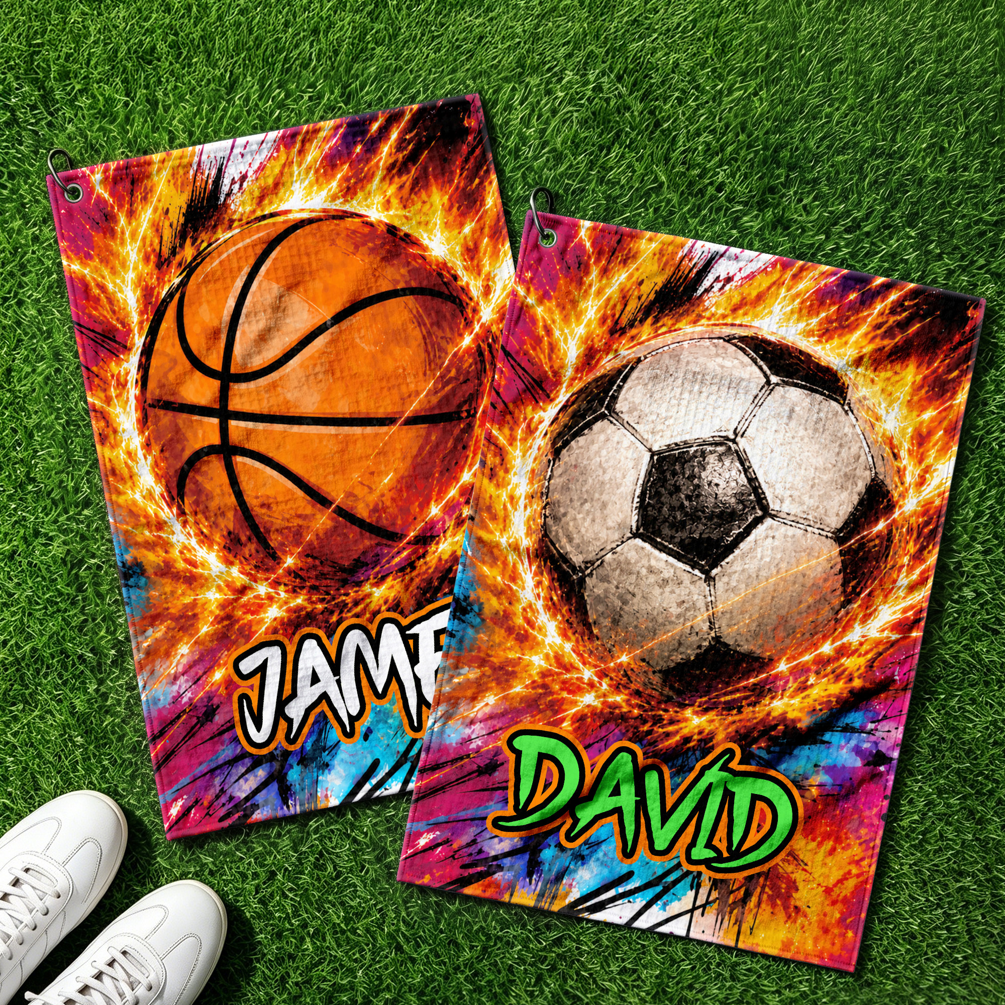 Personalisiertes, schnell trocknendes Sporthandtuch im „Fire Ball“-Design mit Namen und Karabiner – das perfekte Geschenk für Sportbegeisterte, sei es fürs Training im Fitnessstudio oder für den Spiel