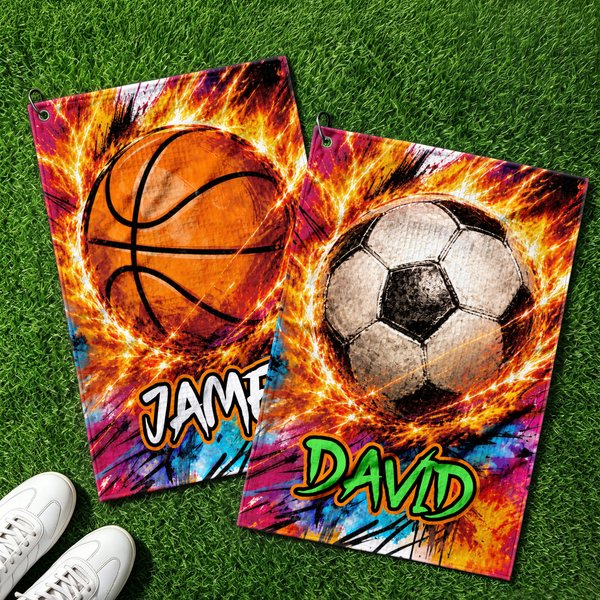 Personalized Fire Ball-Themed Quick Dry Waffle Sport Towel with Name and Carabiner Gym Training Game Day Gift for Sports Lovers