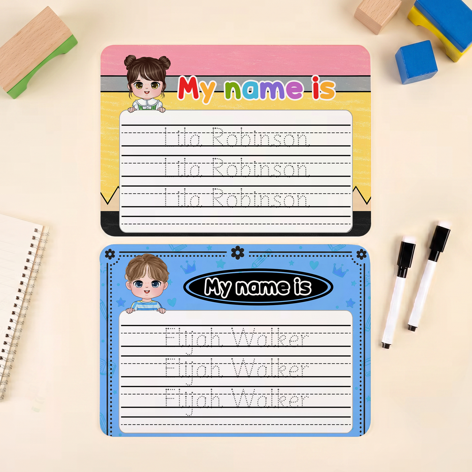 Individuell gestaltete Schreibübungs-Tafel mit Cartoon-Figuren zum Nachzeichnen des Namens, mit trocken abwischbarem Stift – Lernhilfe für zu Hause, Schulanfang- und Geburtstagsgeschenk für Kinder