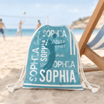 Personalized Sports Figure Silhouette Microfiber Drawstring Beach Backpack with Name Travel Essentials Beach Party Gift for Sports Lovers