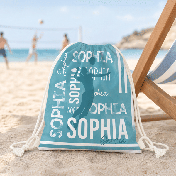 Personalized Sports Figure Silhouette Microfiber Drawstring Beach Backpack with Name Travel Essentials Beach Party Gift for Sports Lovers
