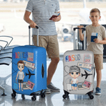 Personalized Cartoon Travel Character Airplane Luggage Cover Fits 18-32 Inches with Name Business Trip Vacation Holiday Gift for Family Friends