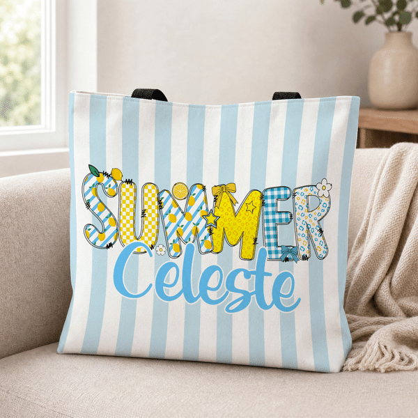 Personalized Summer Bow Lemon Stripe Large Tote Bag with Name Daily Use Summer Vacation Birthday Gift for Girl