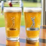 Personalized Golf Player Swing Athlete Pattern 16 oz Clear Beer Glass with Name Daily Use Birthday Gift for Dad Golf Lovers