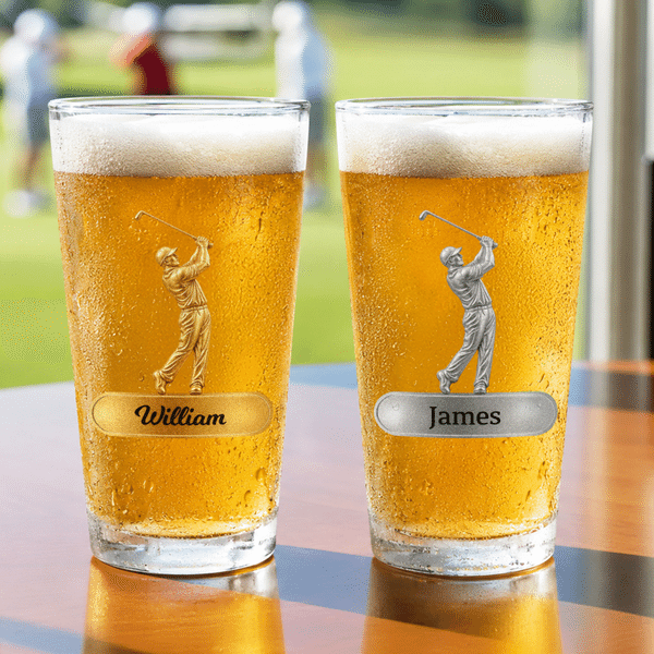 Personalized Golf Player Swing Athlete Pattern 16 oz Clear Beer Glass with Name Daily Use Birthday Gift for Dad Golf Lovers