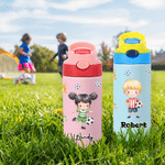 Personalized Cartoon Soccer Character 12 oz Insulated Water Bottle with Name and Initial Back to School Birthday Gift for Kid Soccer Player