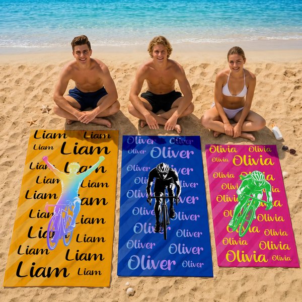 Personalised Multicolour Cyclist Silhouette Quick Dry Oversized Beach Towel with Name Travel Essential Beach Party Birthday Gift for Cycling Lovers