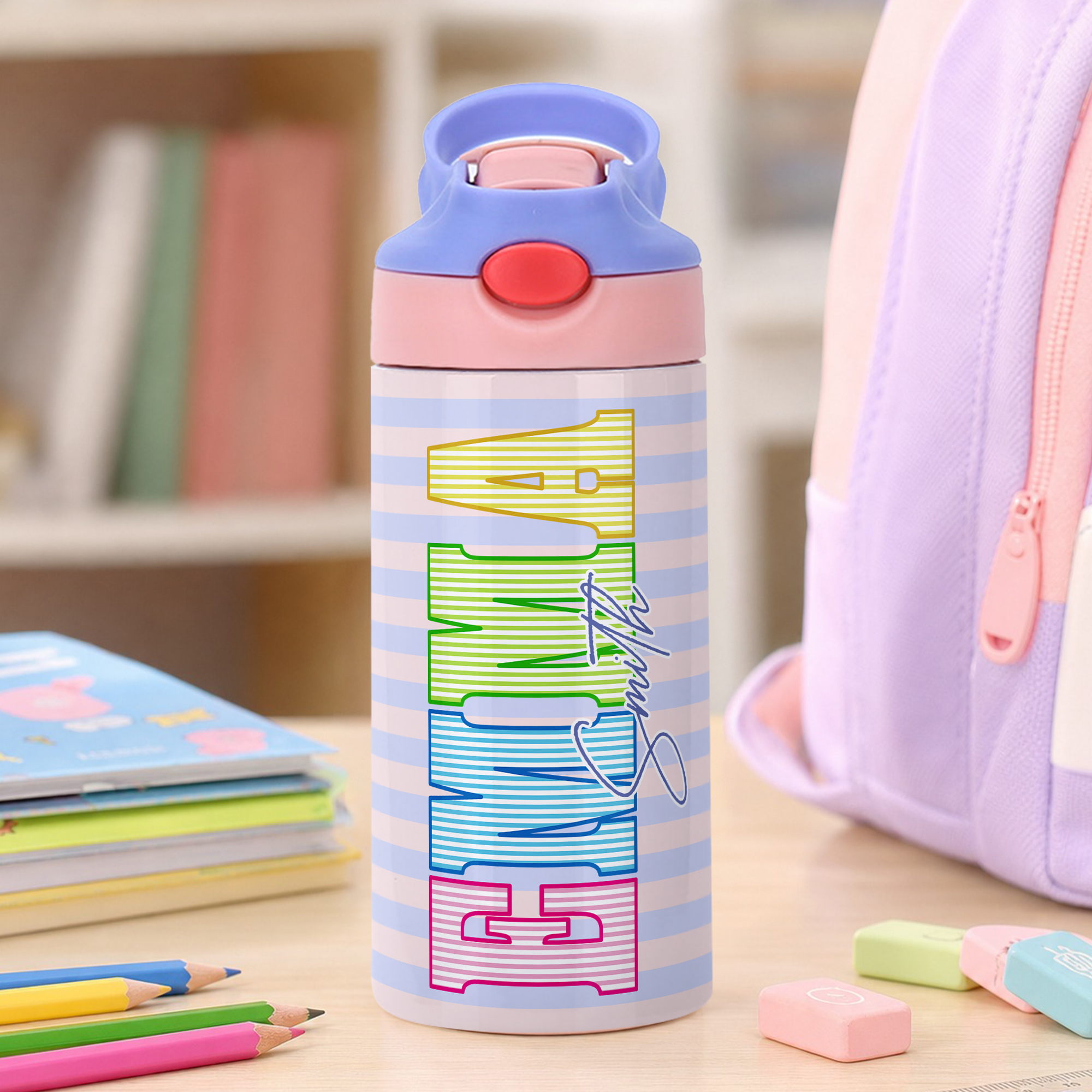 Personalisierte, mehrfarbig gestreifte, isolierte 12-oz-Trinkflasche für Kinder mit Vor- und Nachnamen – Geschenk zum Schulanfang oder Geburtstag für Jungen, Mädchen und Kinder