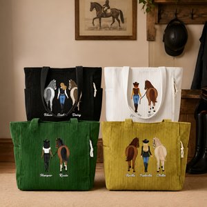 Personalisierte Pferd & Reiterin Cordtasche mit Namen | Großes Fassungsvermögen | Shopper | Tote Bag | Reitsport Geburtstag Geschenk für Pferdemädchen