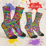 Personalized Multicolor Graffiti Street Art Breathable Mid-Calf Socks with Name Daily Wear Back to School Birthday Gift for Kid Teenager