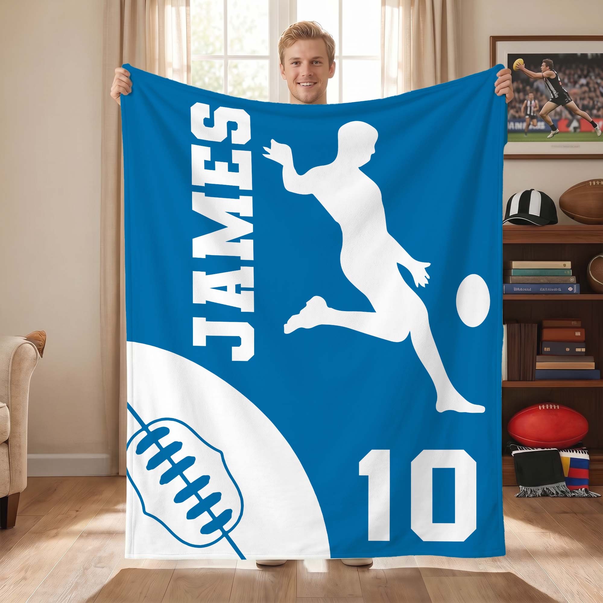 Personalisierte, weiche Silhouetten-Decke im Australian-Rules-Football-Design mit Namen und Nummer – Wohnaccessoire und Geburtstagsgeschenk für AFL-Fans