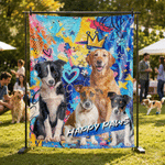 Bannière de fête personnalisée et colorée, style peinture à l'huile, avec photo d'animal de compagnie et son nom — Cadeau d'anniversaire pour les propriétaires d'animaux, à utiliser au quotidien lors 