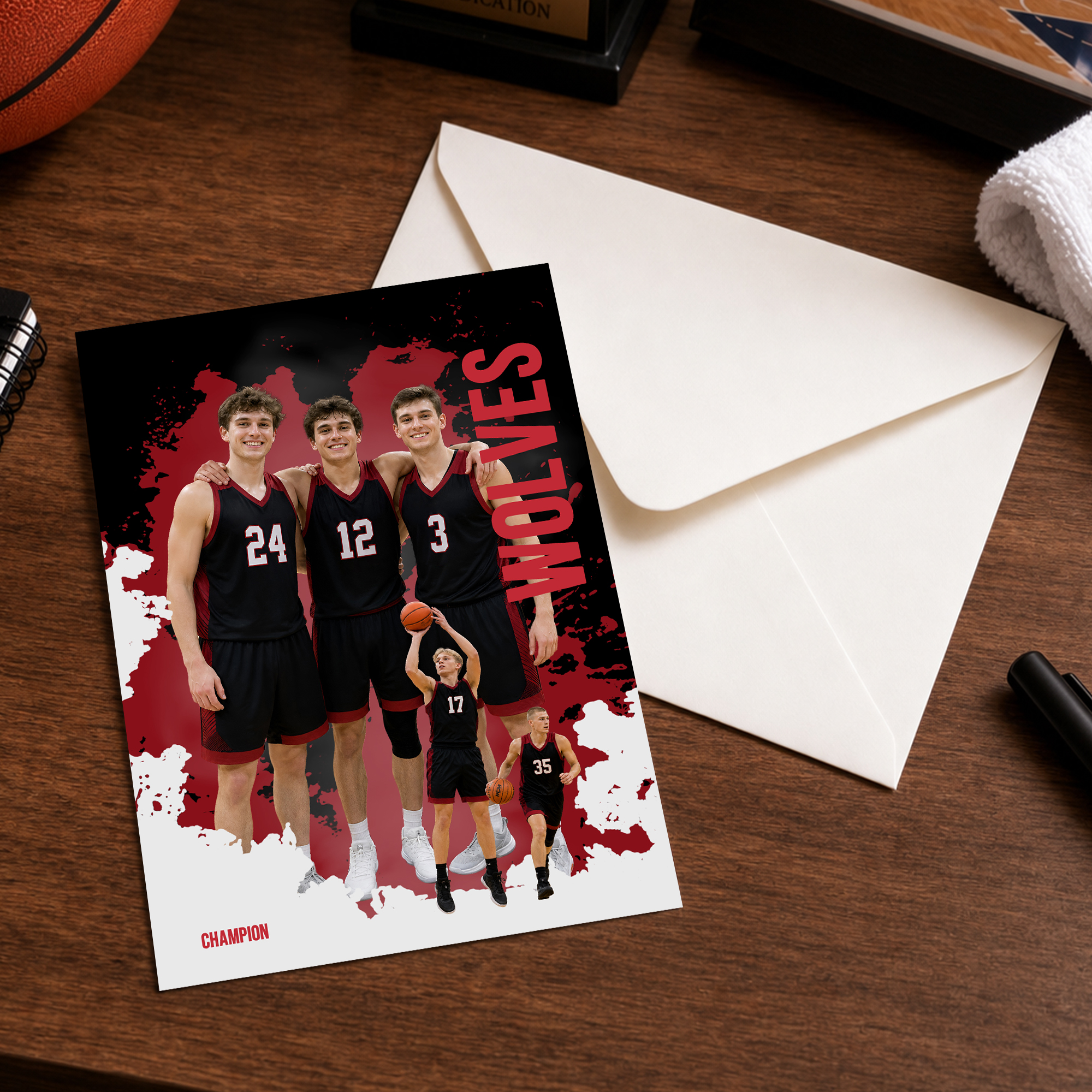 Personalisierte Grußkarte mit Spritzfarbe, 1–3 Fotos, Name und Nummer – Party, Wettkampf, Teamgeschenk für Sportler und Sportfans