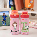 Personalized Cartoon Soccer Character 12 oz Insulated Water Bottle with Name and Initial Back to School Birthday Gift for Kid Soccer Player