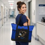 Personalized Heart Birth Flower Stethoscope Large Tote Bag with Name and Mesh Pockets Birthday Nurse Week Gift for Nurse Doctor