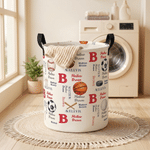 Personalized Ball Sports Pattern Storage Laundry Basket with Name and Durable Handles Back to School Birthday Gift for Boys Sports Lovers