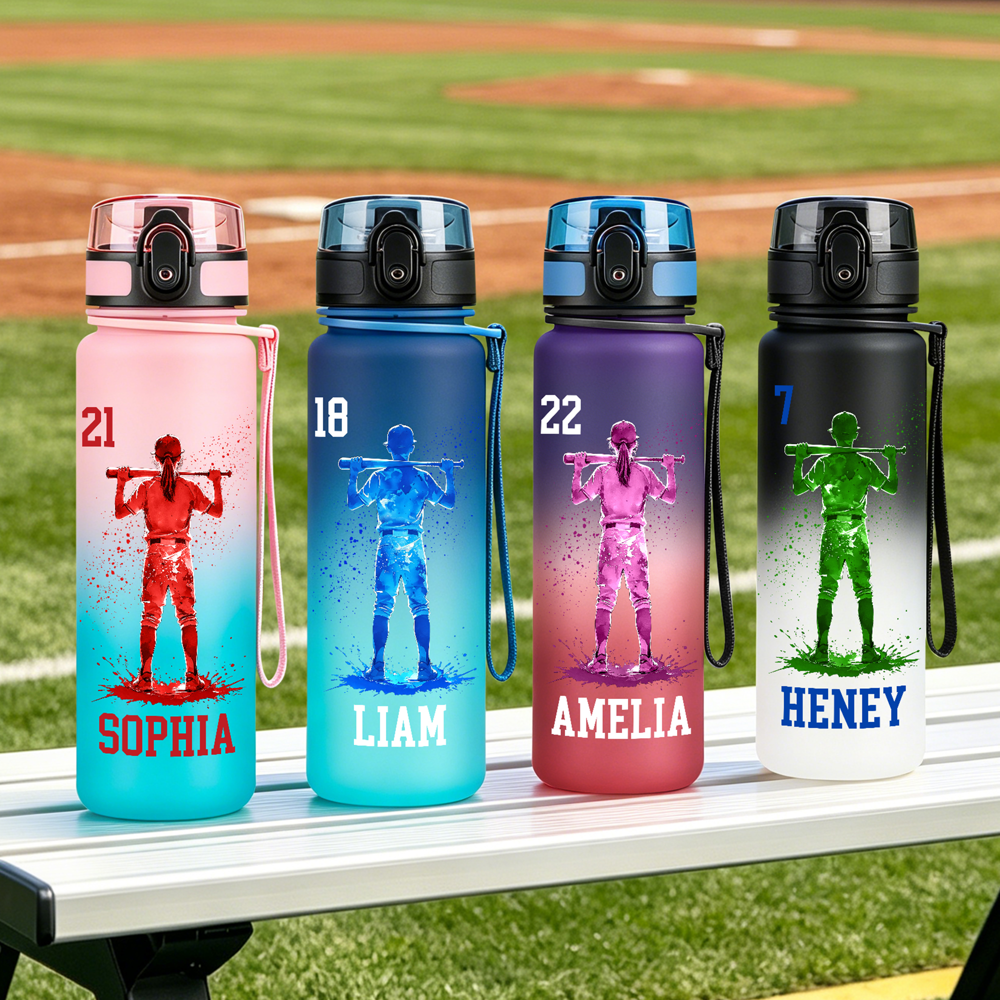 Personalisierte, mehrfarbige Trinkflasche mit Baseball-Silhouette, Name und Nummer – ideal für den täglichen Flüssigkeitsbedarf, auf Reisen und als Geburtstagsgeschenk für Teenager und Sportbegeistert