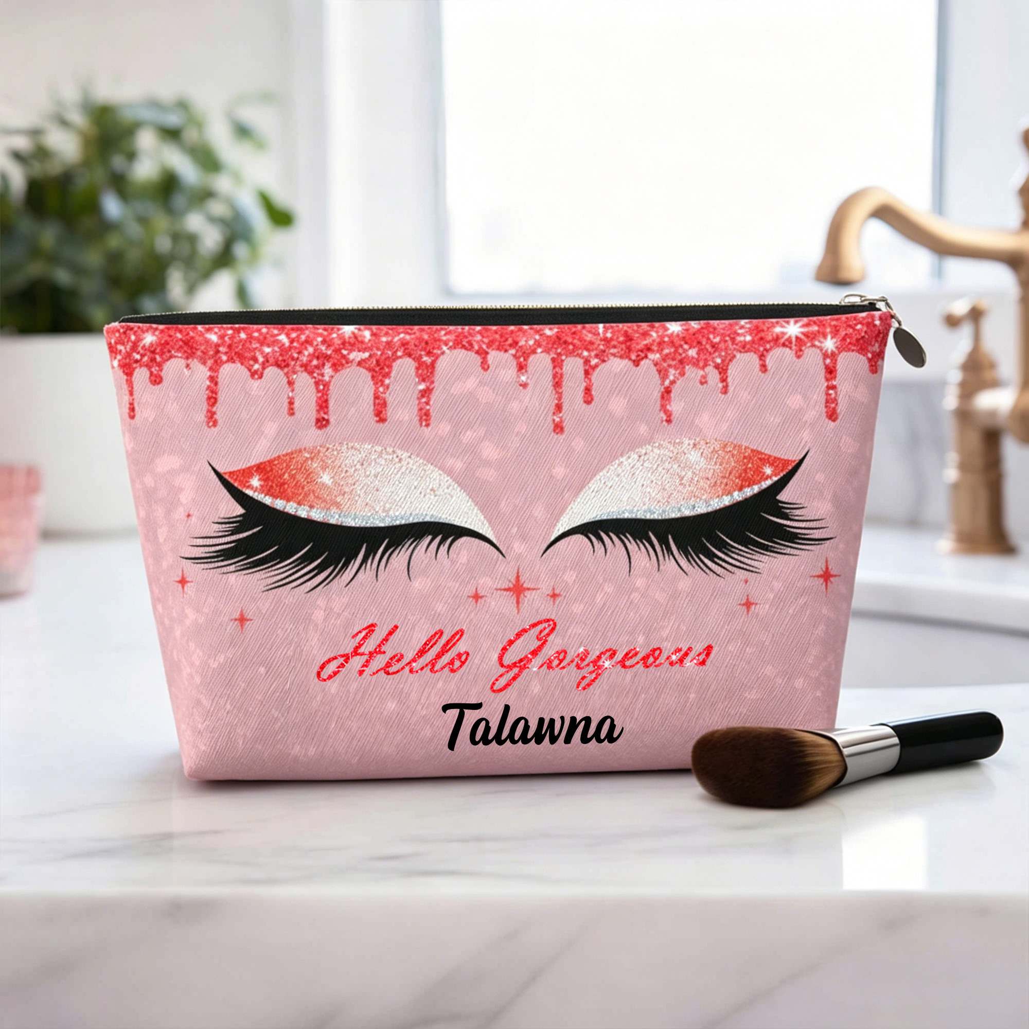Personalisierte „Hello Gorgeous“-Kosmetiktasche in bunten Glitzerfarben mit langen Wimpern und Namenszug – für den täglichen Gebrauch, unverzichtbar auf Reisen, Geburtstagsgeschenk für Frauen und Mädc