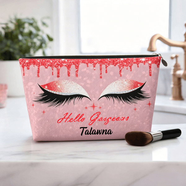 Personalized Hello Gorgeous Multicolor Glitter Long Eyelash Portable Makeup Bag with Name Daily Use Travel Essential Birthday Gift for Woman Girl