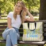 Personalized Summer Bow Lemon Stripe Large Tote Bag with Name Daily Use Summer Vacation Birthday Gift for Girl