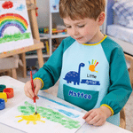 Personalised Cute Dinosaur Paint Waterproof Long Sleeve Apron with Name Text and Pocket Outdoor Activity Birthday Gift for Kids Students