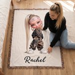 Personalized Y2K Fashion Girl Cartoon Pattern Soft Tassel Throw Blanket with Name Home Daily Use Birthday Gift for Girls