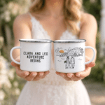 Personalized Black & White Line Outdoor Wedding 12 oz Enamel Mug with Name Daily Use Travel Wedding Anniversary Birthday Gift for Couple