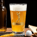 Personalized Golf Player Swing Athlete Pattern 16 oz Clear Beer Glass with Name Daily Use Birthday Gift for Dad Golf Lovers