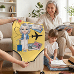 Personalized Cartoon Travel Character Airplane Luggage Cover Fits 18-32 Inches with Name Business Trip Vacation Holiday Gift for Family Friends