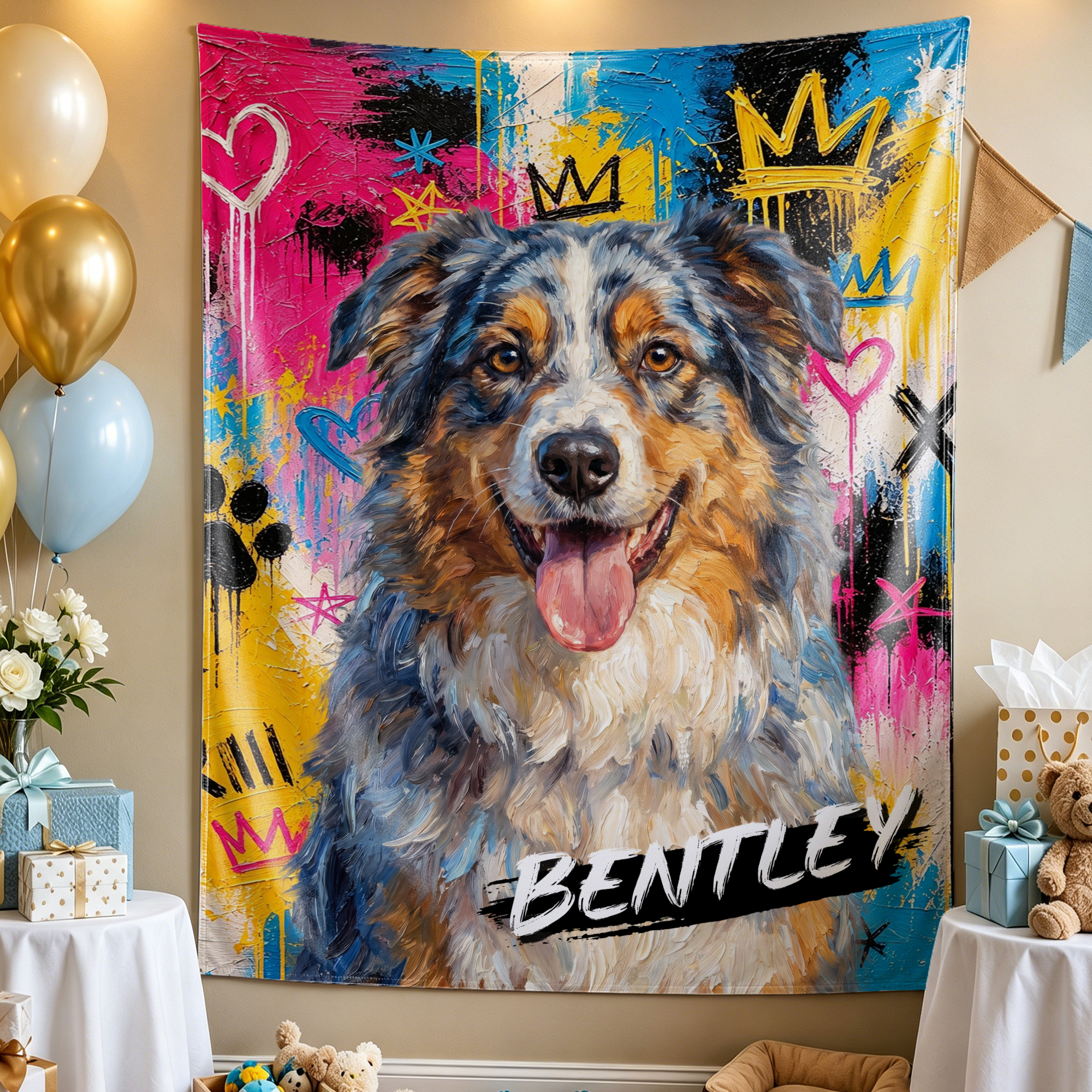 Individuell gestaltetes, farbenfrohes Party-Banner im Ölgemälde-Stil mit Haustierfoto und Namen – Geschenk für den Alltag, Haustier-Party oder Geburtstag für Haustierbesitzer