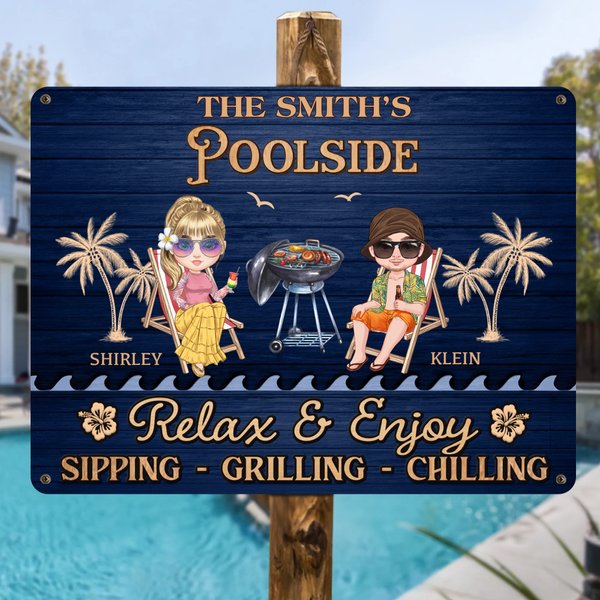 Personalised Cartoon Character Clip Art Horizontal Metal Sign with Text and Name Swimming Pool Decor Birthday Gift for Couples