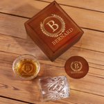 Personalised Retro Initial Monogram Whisky Glass Wooden Box Coaster Set with Name and Date Birthday Anniversary Gift for Men