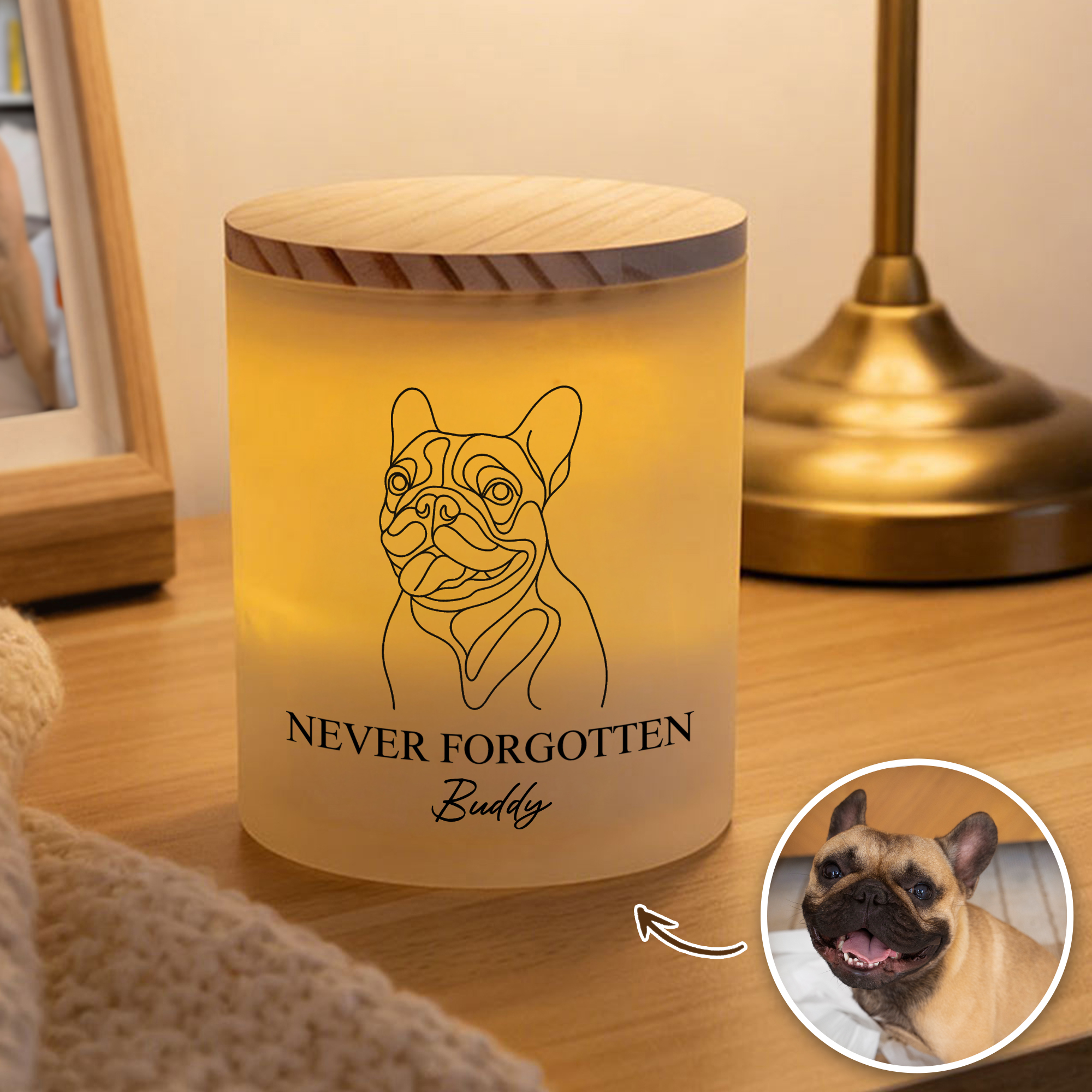 Individuell gestaltetes LED-Kerzenglas aus Milchglas mit Strichzeichnung eines Haustierfotos, Namen und Text – ein Trost- und Gedenkgeschenk für Haustierbesitzer und Freunde
