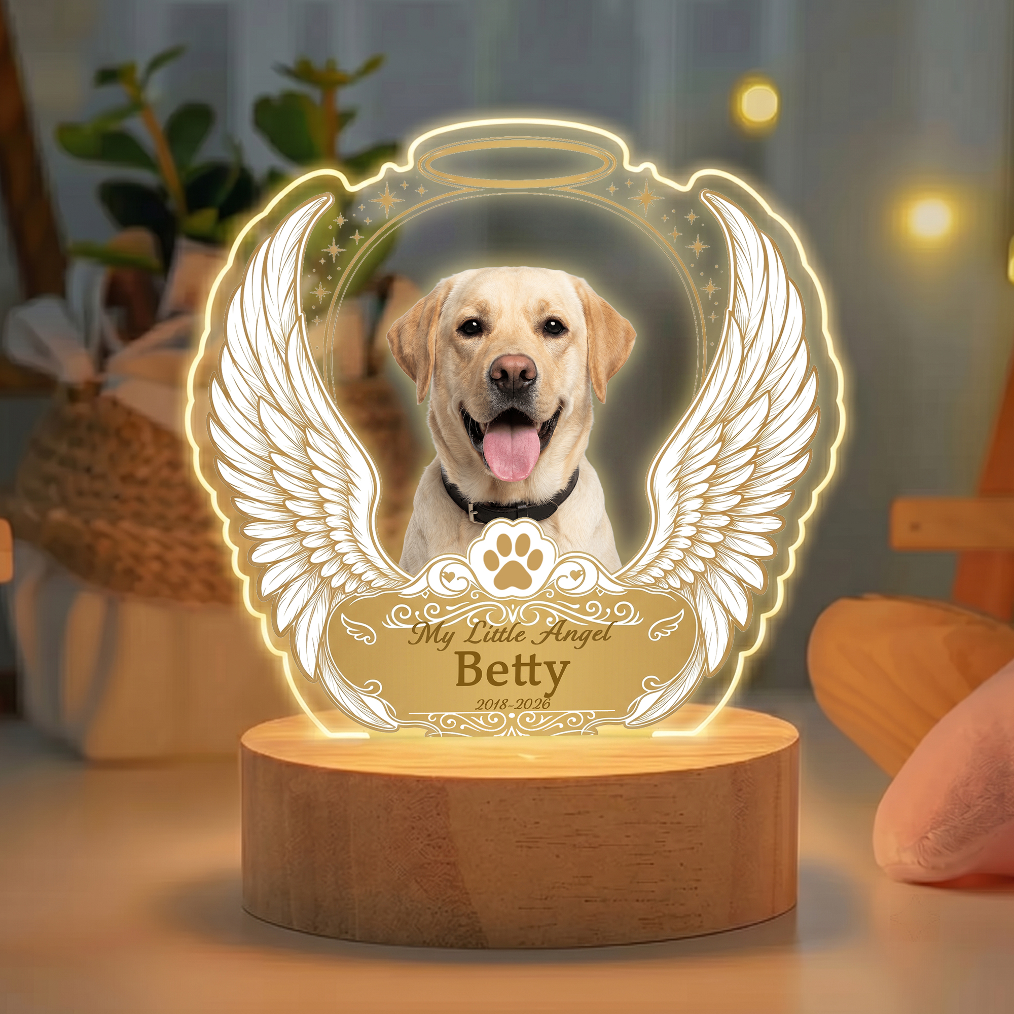 Personalisiertes LED-Nachtlicht aus Acryl mit Engelsflügeln, Namensaufschrift und Jahreszahl auf Holzsockel – Wohnaccessoire, Geschenk zum Jahrestag oder zum Gedenken, ideal für Haustierbesitzer