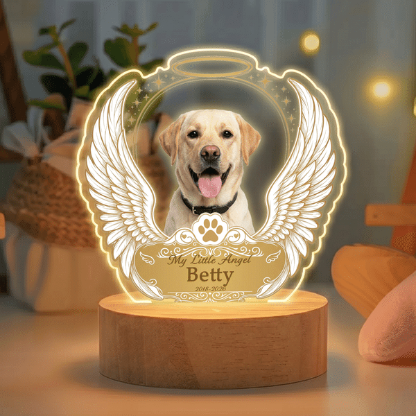 Veilleuse LED personnalisée en acrylique avec photo d'ailes d'ange, socle en bois, nom, texte et année : décoration d'intérieur, cadeau d'anniversaire ou en souvenir pour les propriétaires d'animaux d