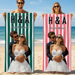 Toalla de playa suave, multicolor y de secado rápido, personalizada con foto, nombre y texto; ideal como regalo para vacaciones, fiestas en la playa o luna de miel, para recién casados (esposa y espos
