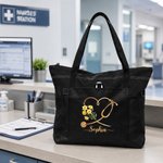 Personalized Heart Birth Flower Stethoscope Large Tote Bag with Name and Mesh Pockets Birthday Nurse Week Gift for Nurse Doctor