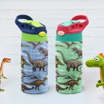 Personalised Multicolour Dinosaur-Themed 12 oz Insulated Kid Water Bottle with Name Back to School Birthday Gift for Boys Girls