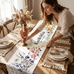 Personalized Watercolour Wildflowers Table Runner with Name and Date Table Decor Bridal Shower Wedding Gift for Couple Newlywed