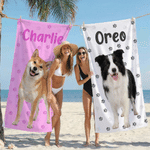 Personalized Pet Photo Paw Print Quick Dry Oversized Beach Towel with Name Travel Use Birthday Beach Party Gift for Pet Owner Pet Lover