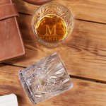Personalised Retro Initial Monogram Whisky Glass Wooden Box Coaster Set with Name and Date Birthday Anniversary Gift for Men