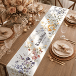 Personalized Watercolour Wildflowers Table Runner with Name and Date Table Decor Bridal Shower Wedding Gift for Couple Newlywed