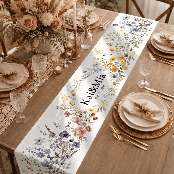 Personalized Watercolor Wildflowers Table Runner with Name and Date Table Decor Bridal Shower Wedding Gift for Couple Newlywed