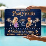 Personalised Cartoon Character Clip Art Horizontal Metal Sign with Text and Name Swimming Pool Decor Birthday Gift for Couples